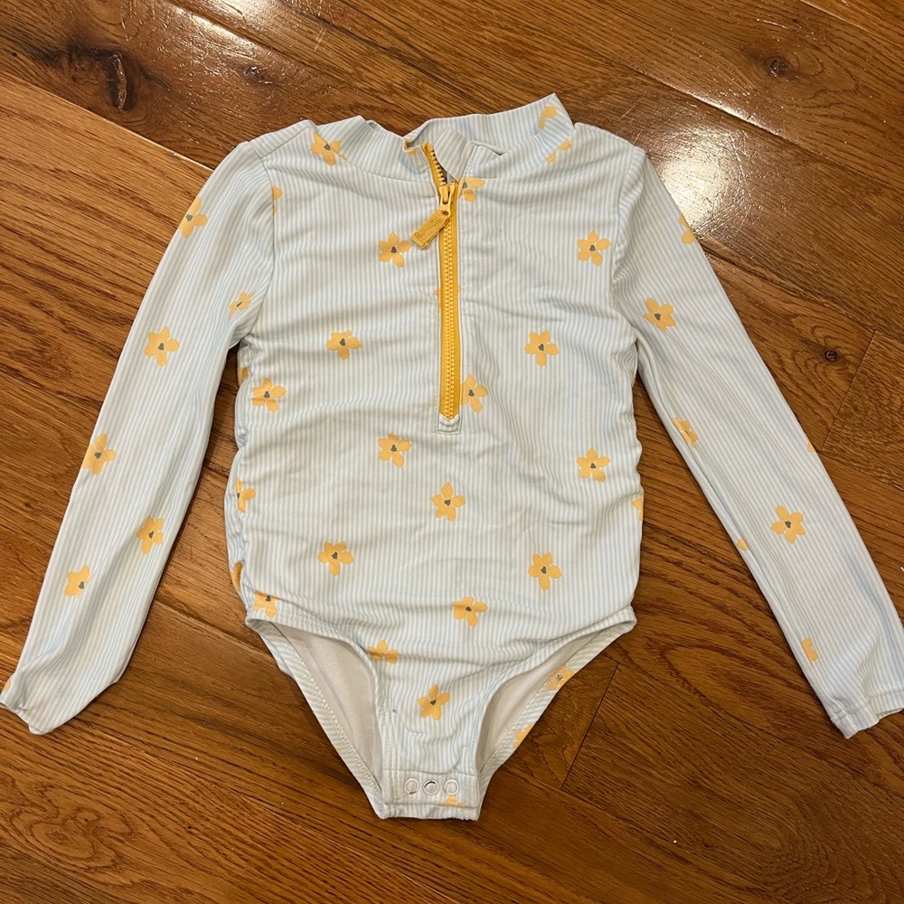 2T Carter's Light Blue & Yellow Striped Floral Rash Guard One-Piece